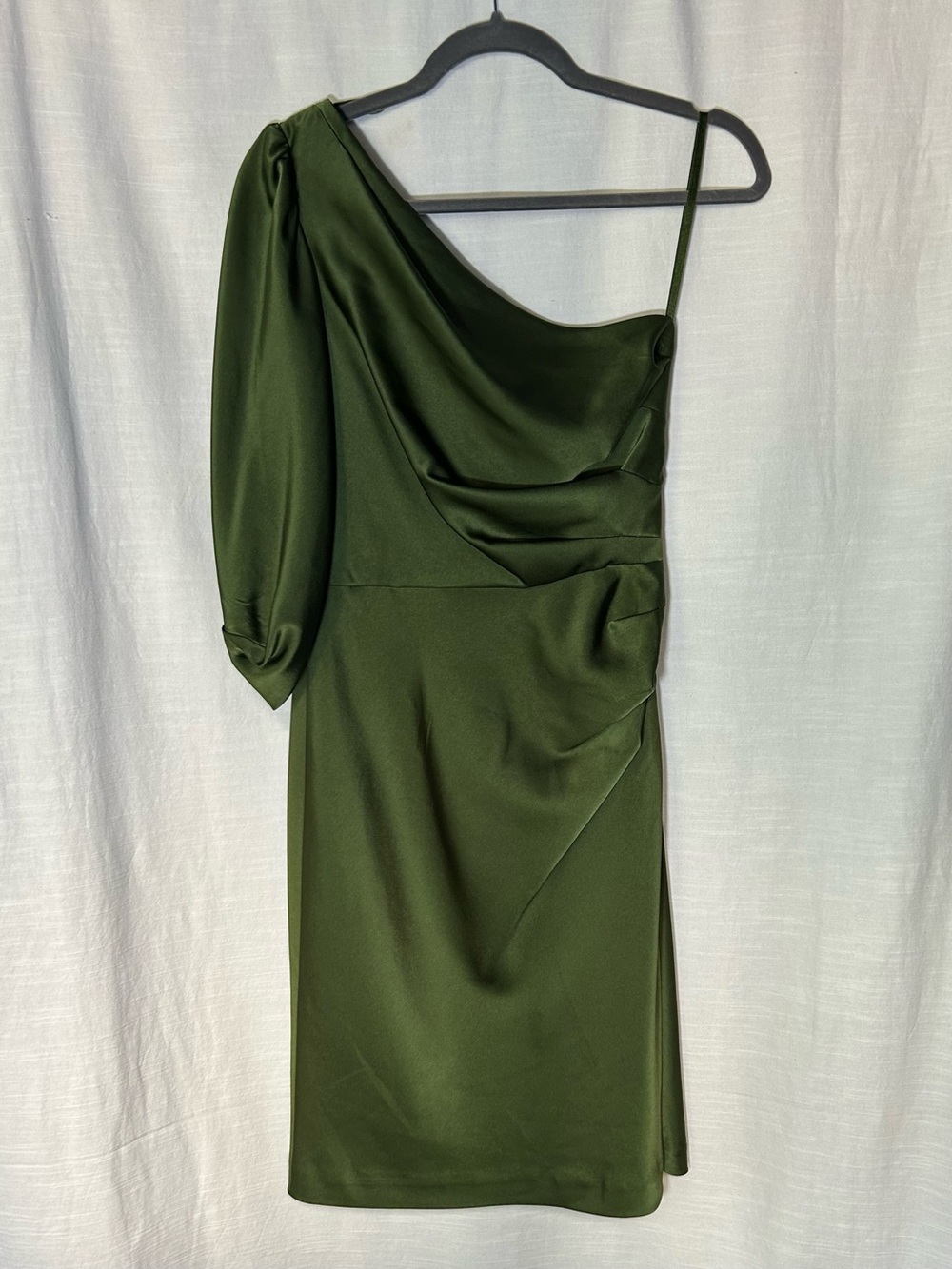 BCBG Maxazria Dark Olive One-Shoulder Draped Satin Midi Dress